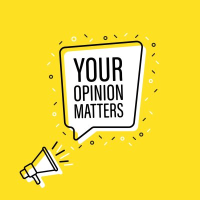 Male hand holding megaphone with Your opinion matters night speech bubble. Loudspeaker. Banner for business, marketing and advertising. Vector illustration